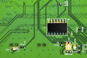 Macro Close Up Stampe: Macro Close up of components and microchips on PC circuit board