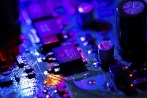 Macro Close Up Stampe: Macro Close up of components and microchips on PC circuit board