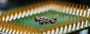 Macro Electronic Components Stampe: Macro Close up of microchips and pins on Main CPU PC processor circuit board