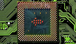 Microchip Close Up Stampe: Macro Close up of microchips and pins on Main CPU PC processor circuit board
