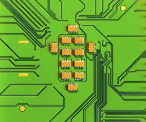 Electronic Component Detail Stampe: Macro Close up of microchips and pins on Main CPU PC processor circuit board