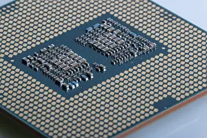 Digital Communication Technology Stampe: Macro image of the microchips of a modern processor