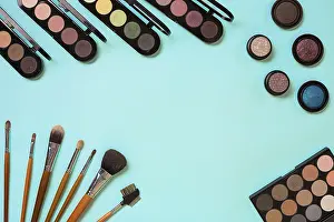 Blue Background Image Stampe: Make up essentials. Set of professional make up brushes