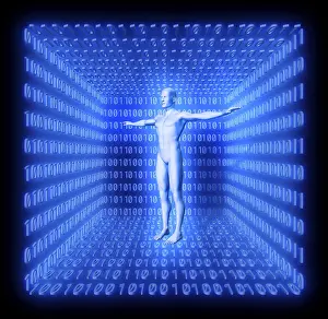 Conceptual Symbolism Stampe: Man in a futuristic room made from binary code