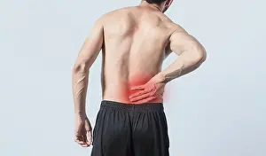 Back Problems Stampe: Man with back problems, shirtless man with back problems on isolated background