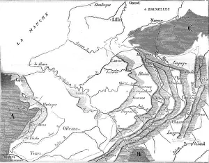 Stampe di Mappa e sezione del bacino di Parigi, illustrazione incisa vintage. Magasin Pittoresque 1845 Mappa Stampe: Mappa e sezione del Bacino di Parigi.