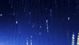 Futuristic Design Concept Stampe: A 3D rendered illustration of binary code floating across a gradient blue background