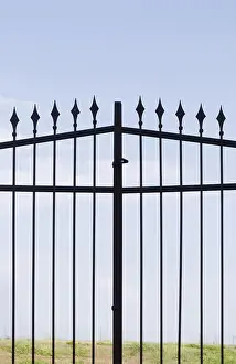 Abandoned Entrance Gate Stampe: A metal gate with sharp spears