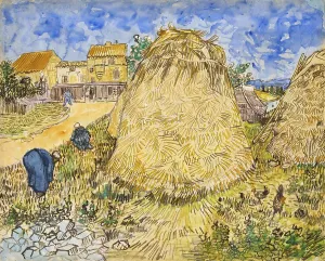 Paesaggi Impressionisti Stampe: Meules di grano (1888), un acquerello famoso di Vincent van Gogh