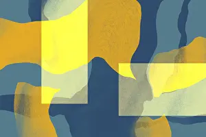 Arte Astratta Contemporanea Stampe: Disegno astratto moderno con toni blu, giallo e terrestre.