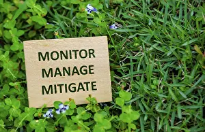 Climate Change Protection Stampe: MONITOR, MANAGE, MITIGATE, Wooden cube with sustainability message on vibrant grass background highlighting monitoring