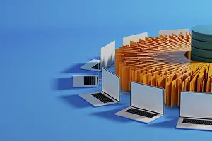 Modern Workspace Design Stampe: Multiple laptops surround a central data hub