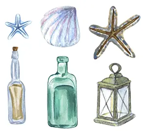 Watercolor Illustrations Stampe: Nautical set of different elements