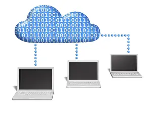 Digital Data Storage Device Stampe: Three notebooks connected to a cloud which is filled with binary code