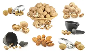 Stampe di Fondo di noci. Raccolta di noci, spezie e utensili da cucina Moscato Stampe: Fondo di noci. Raccolta di noci.