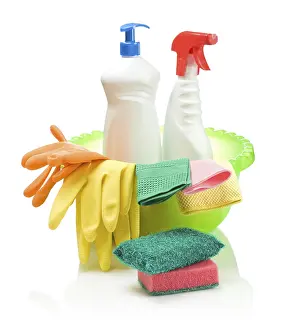 Household Cleaning Items Stampe: Objects for cleaning in basin