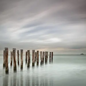 Coastal Area Photography Stampe: Old jetty posts on the beach at St Clair