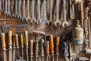 Deserted Workshop Scene Stampe: Old tool panel with various tools
