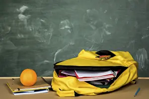 Educational Institution Equipment Stampe: Open backpack orange table