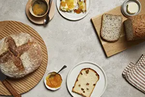Rustic Country Breakfast Stampe: Overhead view of a breakfast setting featuring rustic bread