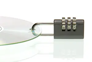 Data Theft Prevention Stampe: Padlock on CD with data, symbolic for data security or password