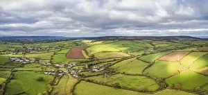 Panoramic View From Above Stampe: Panorama over Meadows and Fields over Devon in the colors of fall
