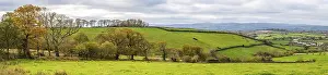 Top Down View Of Farmland Stampe: Panorama over Meadows and Fields over Devon in the colors of fall