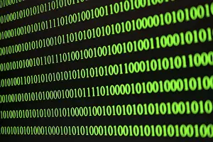 Dark Colored Background Image Stampe: Parallel green binary code lines on a black background