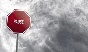 Cloudy Deserted Landscape Stampe: Pause, red sign with clouds in background