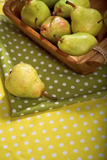 Hoarfrost On Fruit Stampe: Pears in a basket on a table