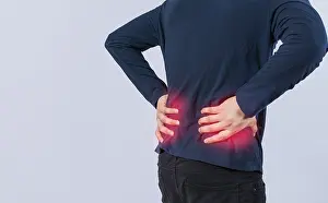 Back Pain Concept Stampe: Person with back problems on isolated background