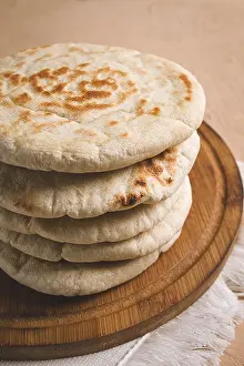 No People Dining Area Stampe: Pita bread, stack, on the table, no people