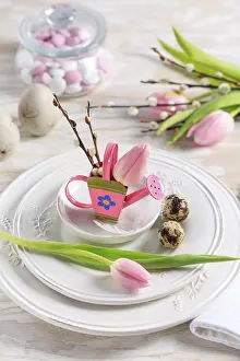 Spring Flowers Arrangement Stampe: Place setting for Easter table with spring flowers