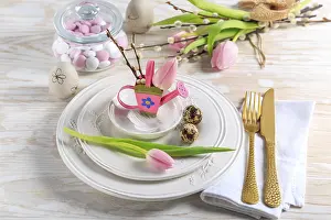 Easter Egg Decorations Stampe: Place setting for Easter table with spring flowers