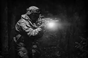 Special Forces Soldier Stampe: Portrait of a commando in the forest