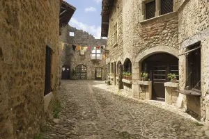Uninhabited Stone Houses Stampe: Cobblestone street, medieval walled town of Perouges