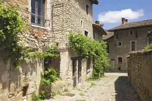 Uninhabited Medieval Fortress Stampe: Cobblestone street, medieval walled town of Perouges