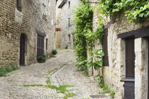 Medieval Fortresses Stampe: Cobblestone street, medieval walled town of Perouges