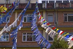 Tibetan Buddhism Flag Stampe: Prayer flags in front of a facade