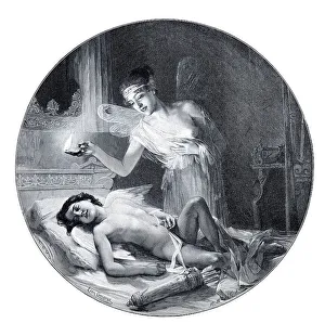Cupid And Psyche Mythology Stampe: Psyche eavesdropping over Cupid