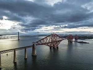 Scottish Tourist Attraction Stampe: Rain clouds over Forth Bridge from a drone