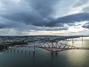 Scottish Tourist Attraction Stampe: Rain clouds over Forth Bridge from a drone