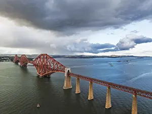 Drone Photography Scotland Stampe: Rain clouds over Forth Bridge from a drone