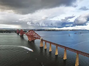 Scottish Tourist Attractions UK Stampe: Rain clouds over Forth Bridge from a drone