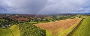 Agricultural Landscapes UK Stampe: Rainbow over the Fields over Compton Castle from a drone