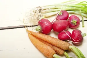 Vegan Nutrition Food Stampe: Raw root vegetable on a rustic white wood table