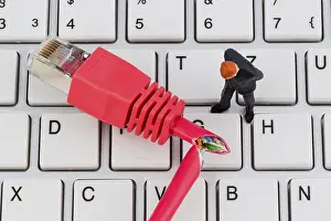 Data Transmission Online Stampe: A red network cable of a computer