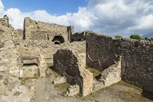 Abandoned Stone Buildings Europe Stampe: Remnants of old terracotta brick and stone wall structures with rectangular