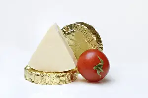 Cheese Nutrition Facts Stampe: Round and triangular processed cheese with tomato
