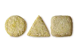 Seafood Meal Stampe: Round, triangular and square squid cutlet isolated on white